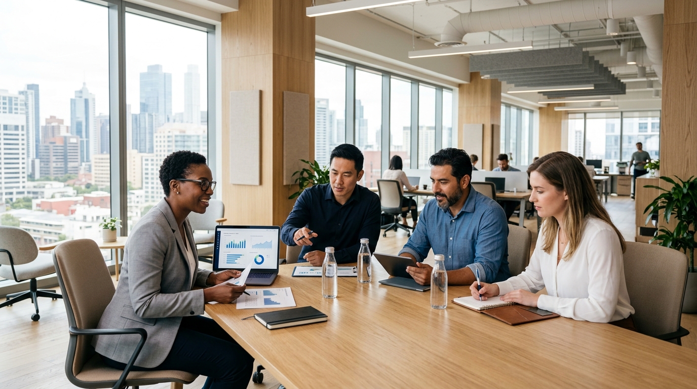 GenXConnector research analysts and consultants collaborating in a corporate office