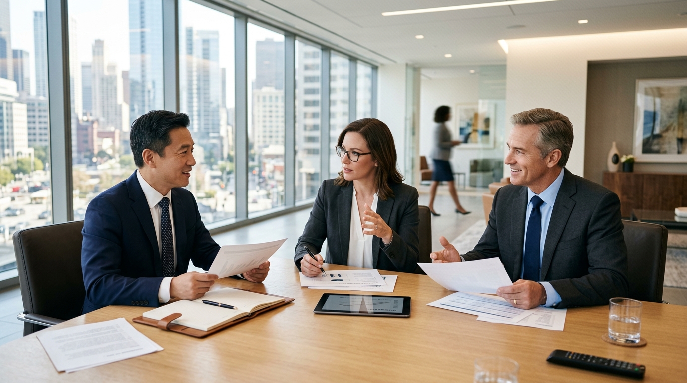 Business executives reviewing corporate intelligence and growth strategy in a modern conference room